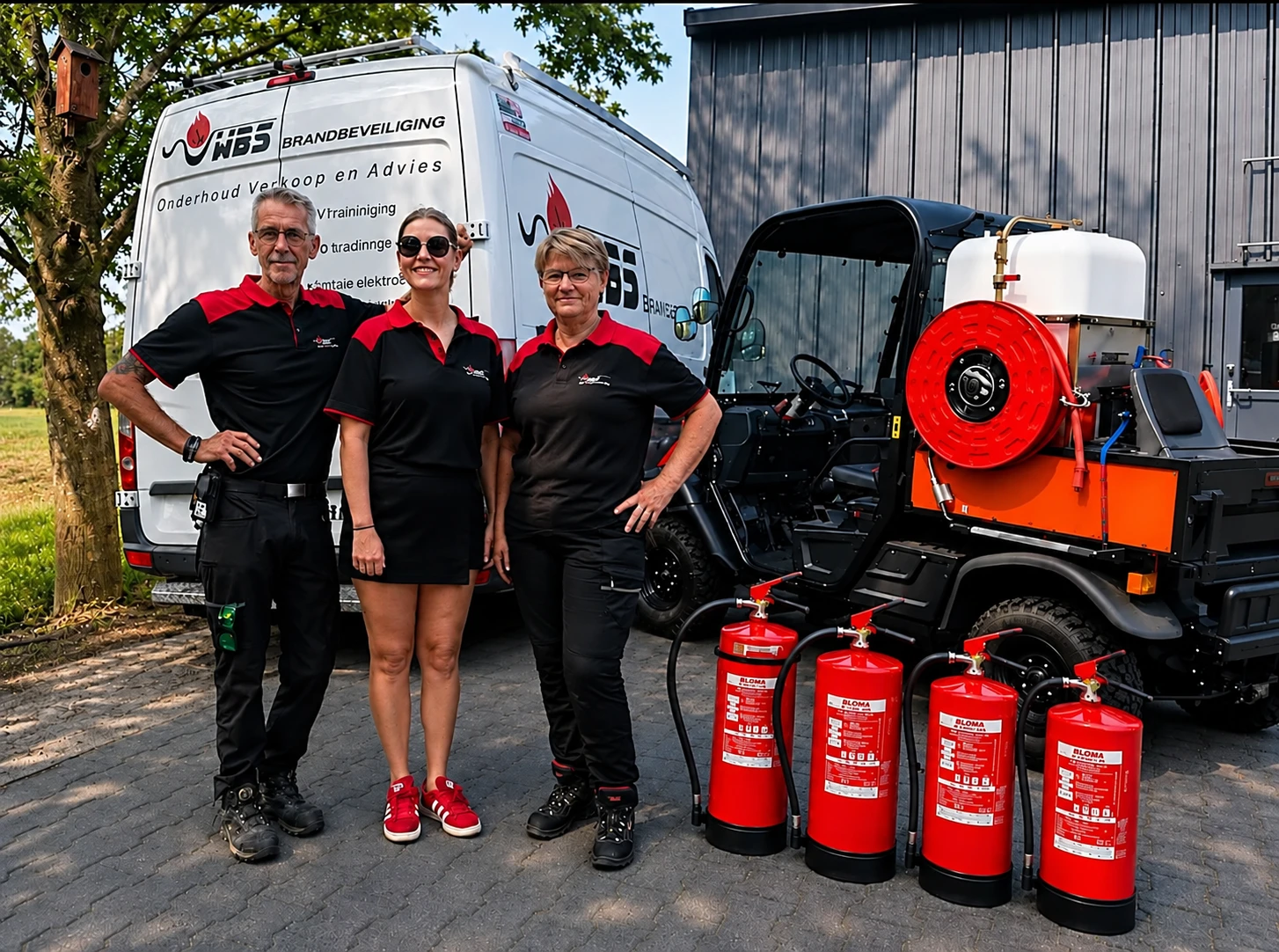 Het team van WBS Brandbeveiliging bij de bedrijfsbus, met een rij brandblussers ernaast